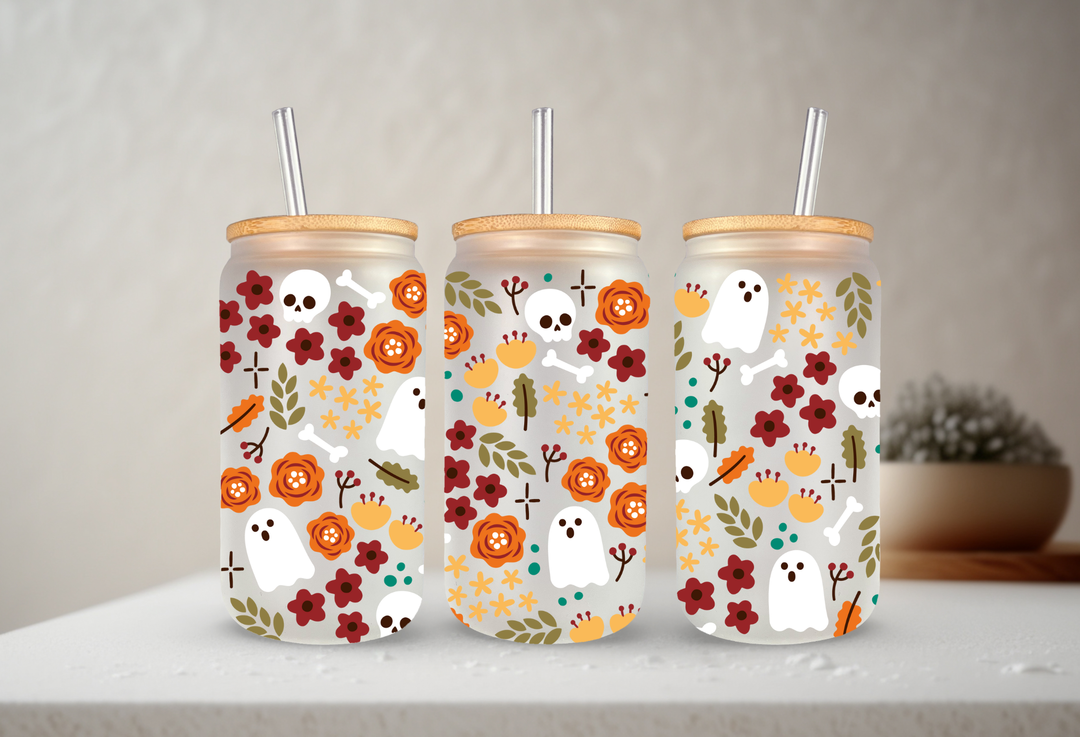 Floral Halloween | 20oz Glass Libbey with Bamboo Lid & Straw: Frosted