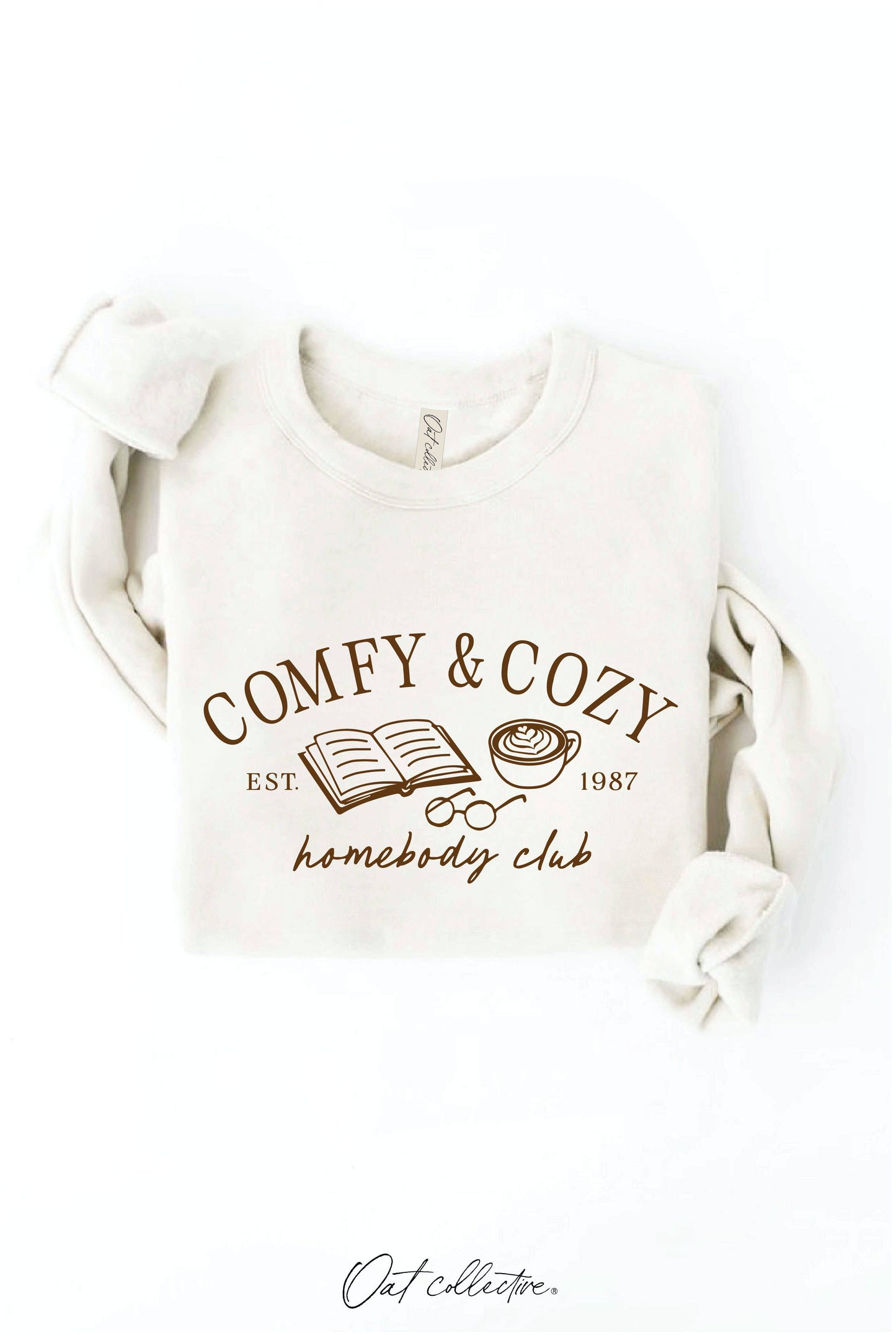 COMFY AND COZY HOMEBODY CLUB Graphic Sweatshirt: VINTAGE WHITE LONG SLEEVE, M